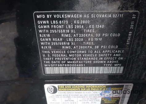 2011 Volkswagen Touareg Vr6 Sport из США, поврежденный, VIN WVGFF9BP6BD004651